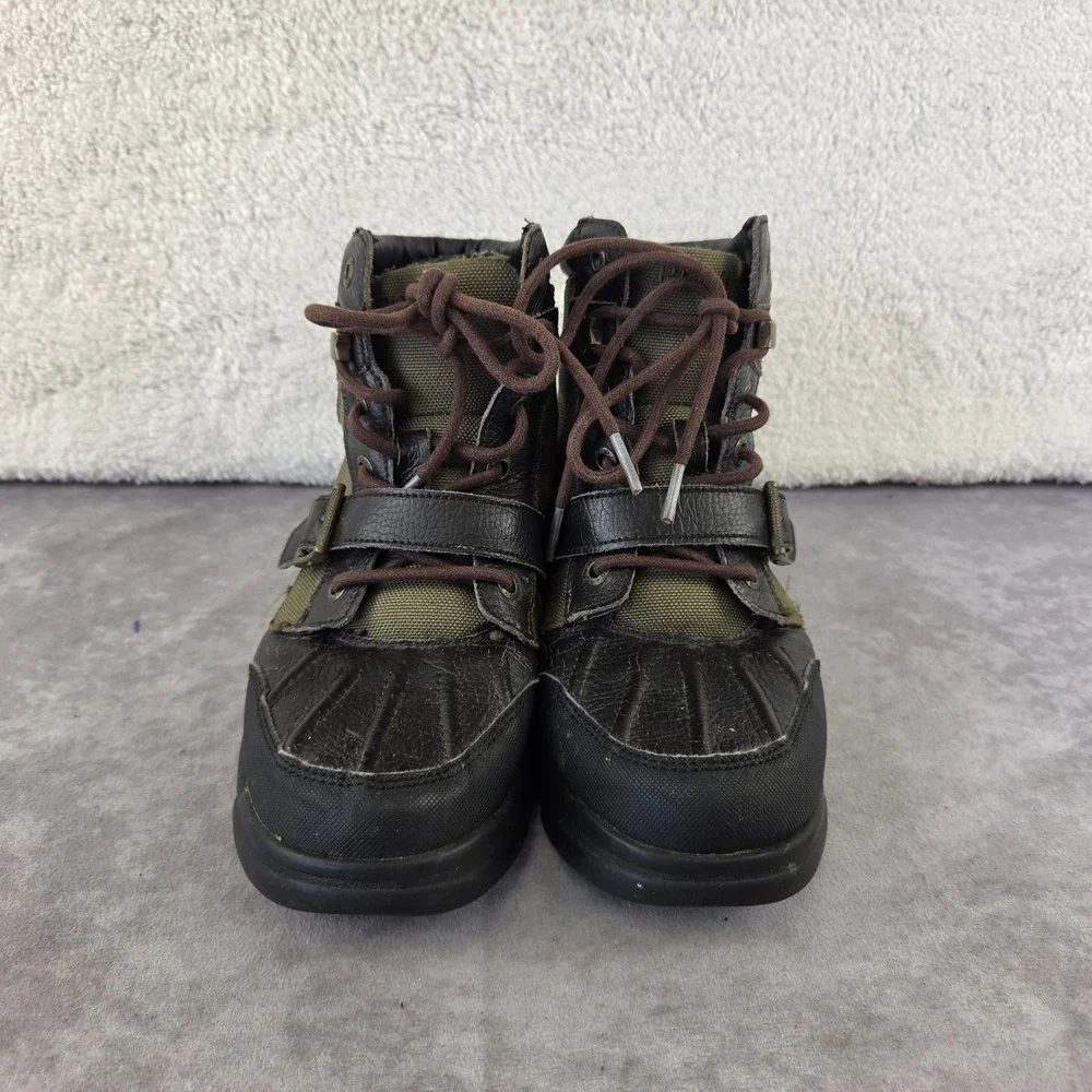 Polo Ralph Lauren Boys Duck Boots Black Olive Green Leather Size 3 RF S10428